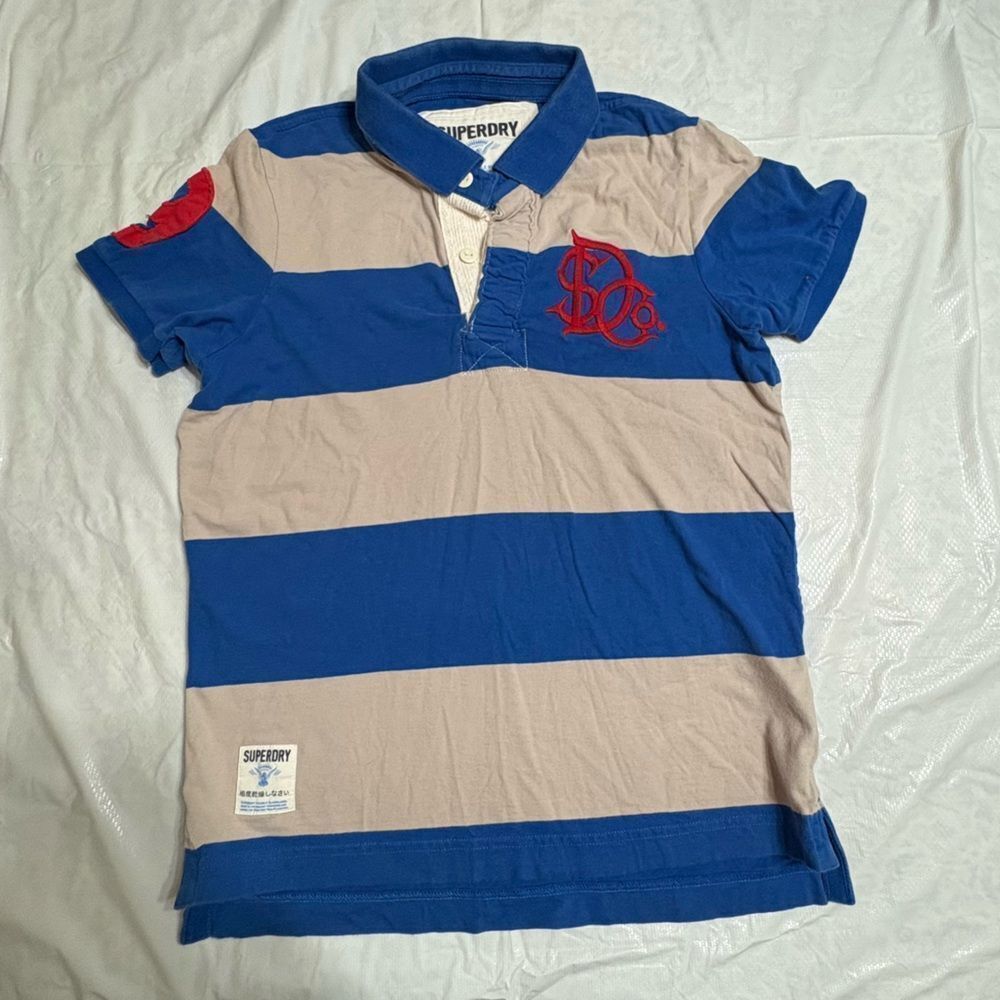 Superdry SDCo Hoop Stripe Beige Blue Polo Shirt Size Medium logo under collar